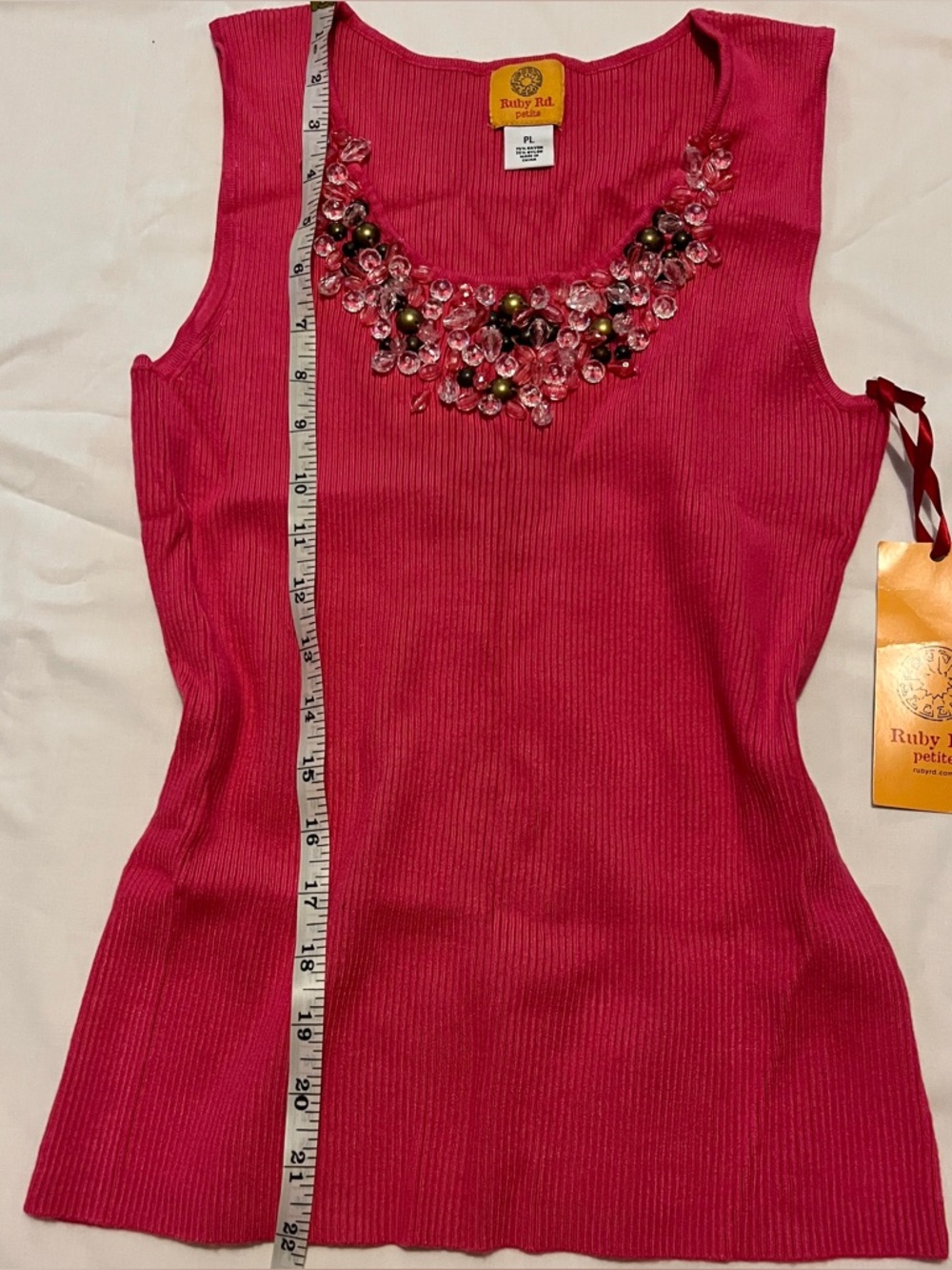 Ruby Rd. Hot Pink Beaded Ribbed Knit Tank Top - Size PL - Picture 6 of 8